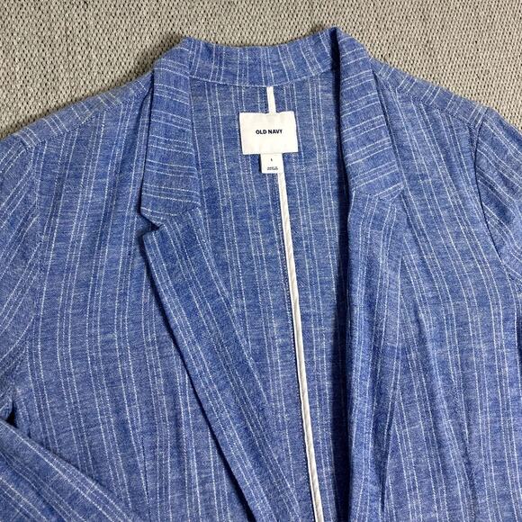 Old Navy Open Front Linen Blazer Womens L Blue Striped Lightweight - Picture 3 of 14